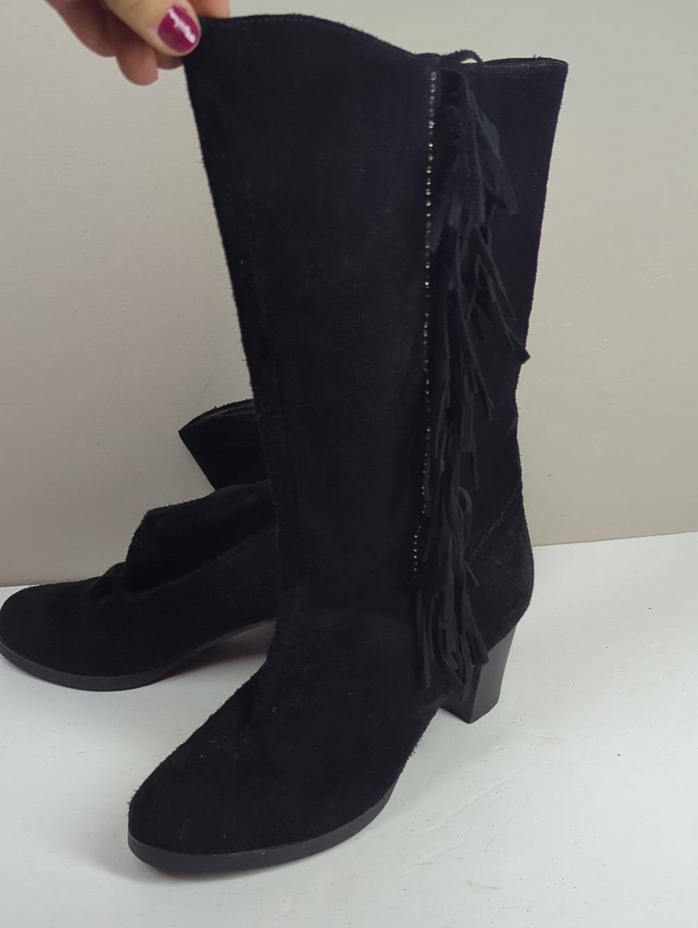 Black Fringe Suede Mid-Calf Women's Boots Western Rhinestone Fall